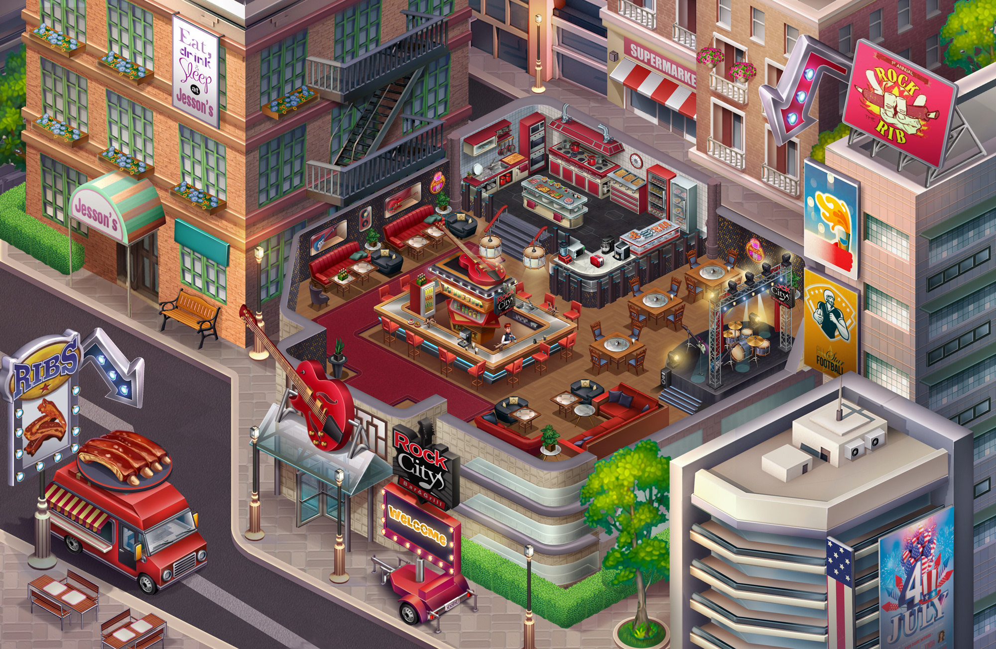 Isometric 2D Rock n' Roll Restaurant 2d art casual game design illustration isometric photoshop