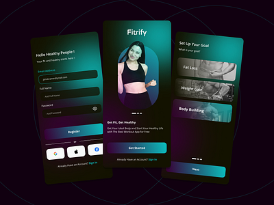 Fitrify - Fitness and Workout App cyan dark mode fit app fitness fitness app fitrify gym gym app healthy healthy app lifestyle lifestyle app login neon onboarding register verdigris welcome screen workout workout app
