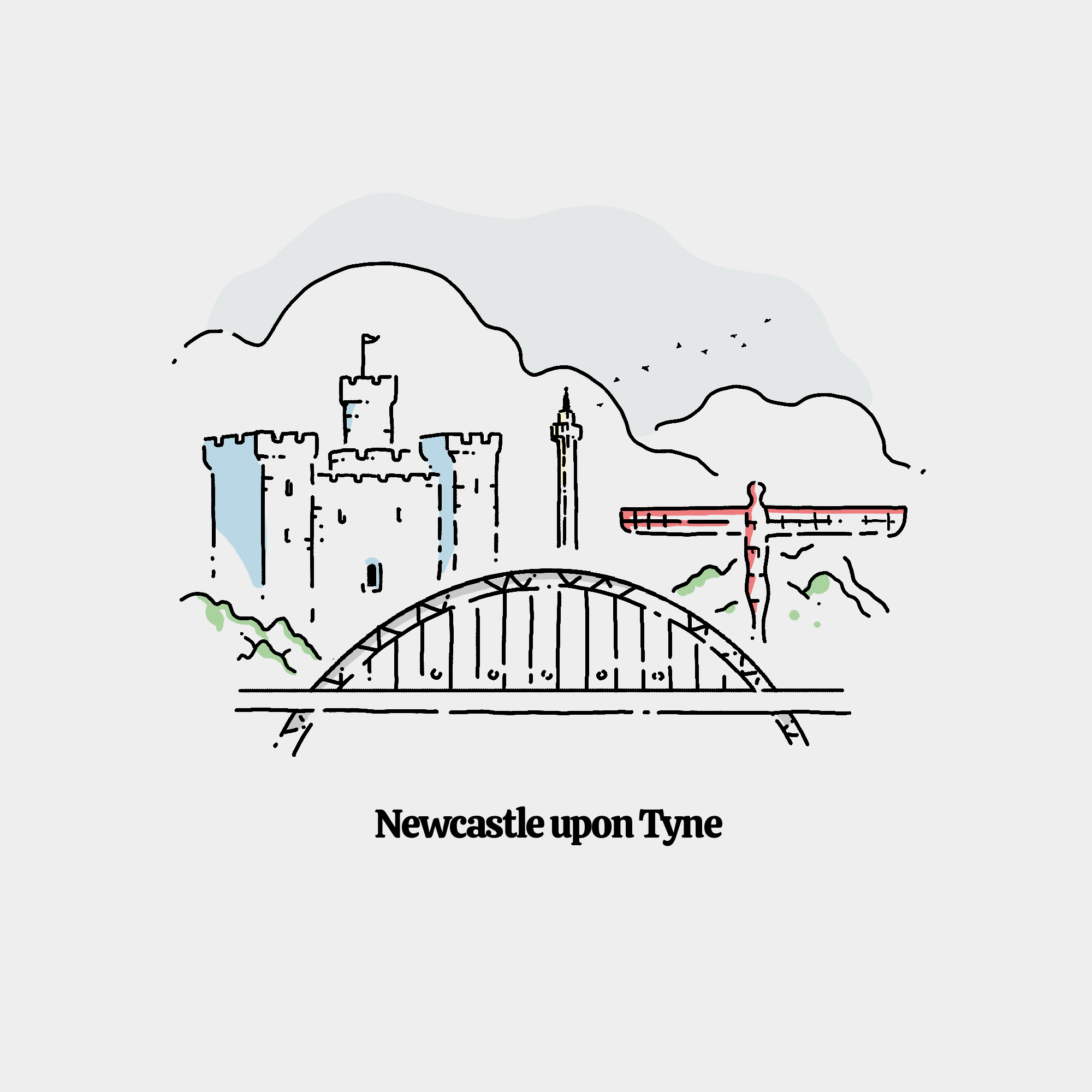 Newcastle upon Tyne bridge clouds england hand drawn illustration newcastle procreate uk