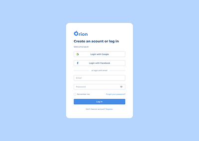 Orion- log in UI account email log in sign in