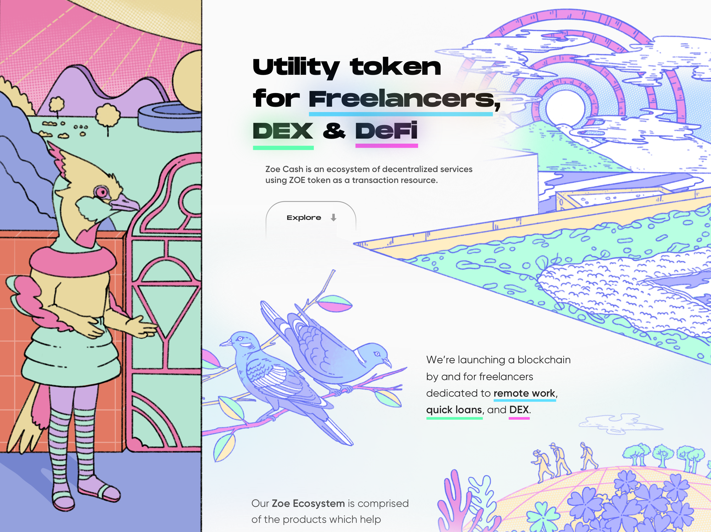 Art Direction and Concept Art for ZOE Ecosystem 2d animation art direction bird blockchain concept art crypto digital art finance fintech game illustration product software startup tech web3