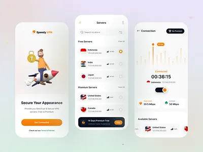 Speedy VPN Mobile App Design 3d applicationdesign chart country creativework designconcept freelancework illustration internet minimal mobileapp privacy secure servers speed ui uiux vpnapp