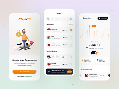 Speedy VPN Mobile App Design 3d applicationdesign chart country creativework designconcept freelancework illustration internet minimal mobileapp privacy secure servers speed ui uiux vpnapp