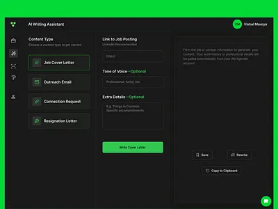 WorkGenie - An AI Writing Assistant ai app branding chatgpt dark mode dashboard design gradient illustration landing page redesign resume ui ux web application work