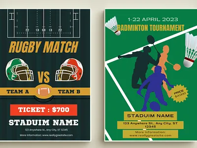 Sports match/ tournament flyer design template badminton canva flyer football match minimal player price tag rugby sports staduim teams tickets tournament