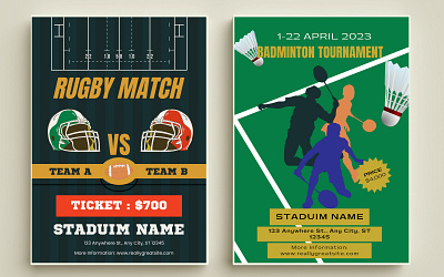 Sports match/ tournament flyer design template badminton canva flyer football match minimal player price tag rugby sports staduim teams tickets tournament