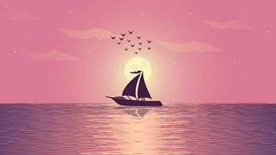 Boat on sea at Night scene digital art graphic design illustration vector