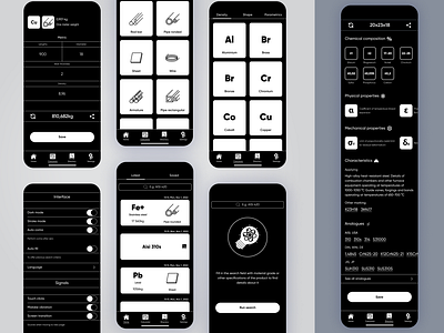 MeCa dark theme stroke mode alloys app black calculator design directory industry interactive manufacturing metalls minimalism mobile settings solid state switcher ui ux view white