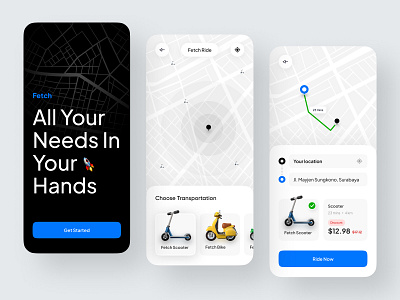 Fetch : Transportion Rent Mobile App app bicycle bike booking clean design location map mobile motor rent rental scooter track tracking transport transportation ui ux vespa