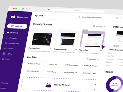 Cloud.one - Dashboard Cloud Storage admin dashboard design graphic design job online storage project purple storage ui uiux uix ux white