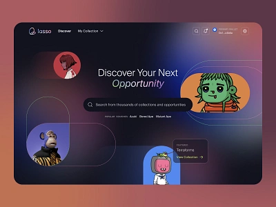 Lasso hero design blockchain collectors data platform design digital assets hero design illustration lasso nft token unfold utility web design