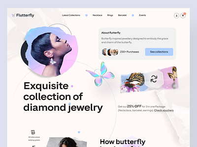 🦋 Flutterfly Landing page : Butterfly-inspired jewelry Shop abstract animation butterfly design figma graphic design landing page motion prototype trending ui uidesign uiux vector web design website
