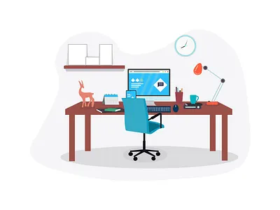 Office workstation Computer/PC desk interior concept. branding flat graphic design homepage illustration interior interior design landing landing page logo office desk ui uiux vector webdesign website