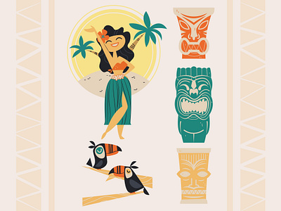 Tiki tropical summer illustrations beach clipart design hawaii hula illustration mid century modern retro summer tiki tropical tucan