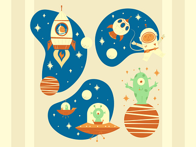 Space illustrations alien astrounat baby clipart design illustration kid retro rocket space vector