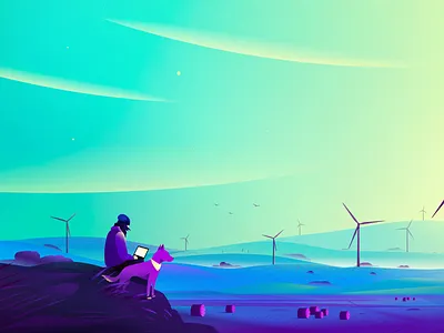 Mint Renewables Illustration agriculture australia bird dog energy illustration landscape man nature renewables sustainability tree valley wind turbine windmill