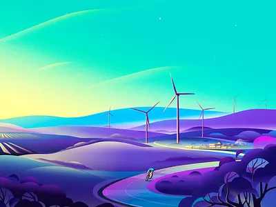 Mint Renewables Illustration australia bird cycle energy hill illustration landscape lighting mountain nature renewables road solar sun sustainable tree wind turbine windmill