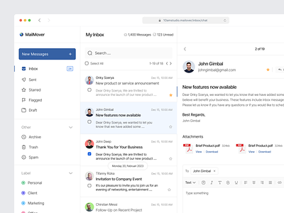 MailOver - Email Client Dashboard chat client dashboard dashboard design email email client email system inbox managament meeting messenger navigation product project saas dashboard ui web app