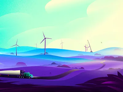 Mint Renewables Illustration australia australian outback constructe delivering driving energy horizon illustration landscape nature outbac renewables road sustainable tree truck turbin wimdmill wind turbine