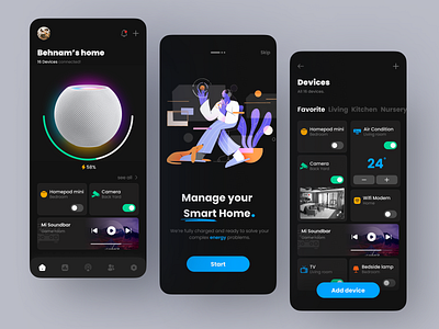 Smart Home - Dark App app app design apple application controller home home automation home pod homepod mi home mobile app mobile app design mobile ui remote control smart app smart home smart home app smarthome ui ux