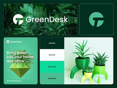 GreenDesk - Visual Identity System 3d brand designer branding desk eco flower green growth home identity letter g logo minimal nature negative space organic plant planters tob tree