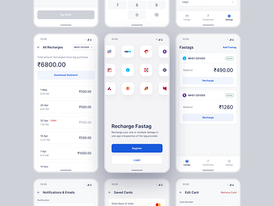 Recharge Mobile App android bottom nav design system fastag finance fintech home screen india minimal mobile app onboarding product design recharge recharge app transactions ui ui design