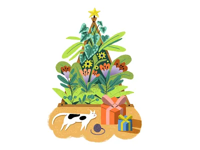 Waitrose Weekend Xmas cat character green illustration nature peace photoshop plants presents texture xmas
