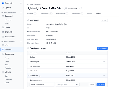 Product Details Page - Development Stages Settings blue details page e commerce product editing figma form inline editing light mode minimal product design product page production monitoring saas settings ui ui design ui ux web