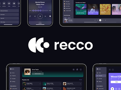 recco analytics app application audio player brand identity dark theme dashboard fireart fireart studio interaction interface logo mobile mobile app music music app podcast app ui ux web app