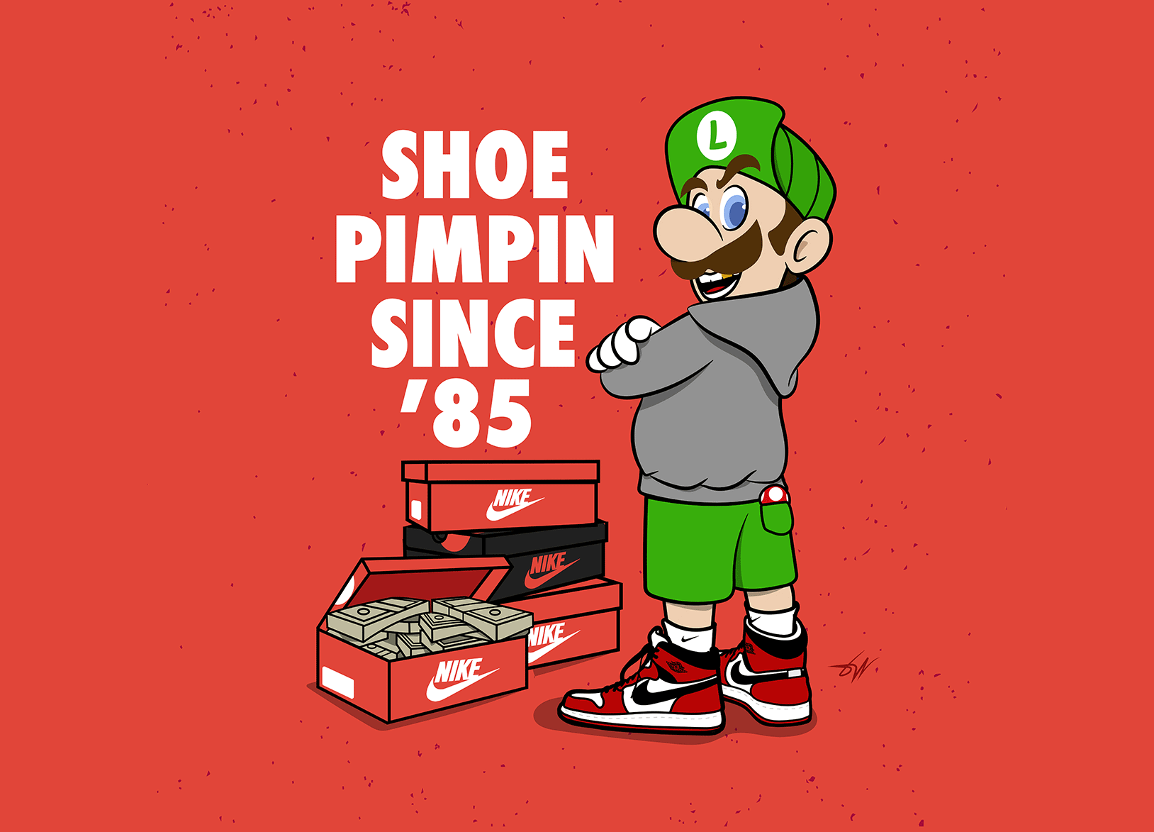 Sneakerfreak Luigi airjordan characterart characterdesign digitalart graphic design graphic designer hustle illustration illustrator jordan1 luigi mario mariobros nike nintendo sneakerfreak sneakerhead supermariobros urban vector