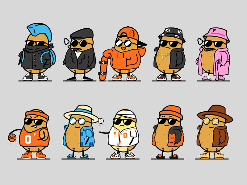 Frix Friterie - NFT project banie basketball branding cowboy design fries graphic design hoodie illustration illustrations mascot nft nftproject peakyblinders potato potatoes skateboard vector