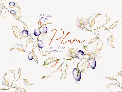 Watercolor seamless patterns Plum advertising banner botanical branding drawing fabric floral garden illustration package paper pattern plum procreate seamless textile ui vintage watercolor wraping