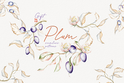 Watercolor seamless patterns Plum advertising banner botanical branding drawing fabric floral garden illustration package paper pattern plum procreate seamless textile ui vintage watercolor wraping