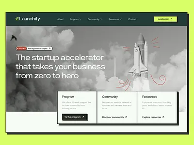 Launchify | Hero section design, color scheme and logo bold color scheme concept header hero hero design hero section identity design interface design landing page logo design main page neon green playful rocket startup startup accelerator startup incubator ui ui design
