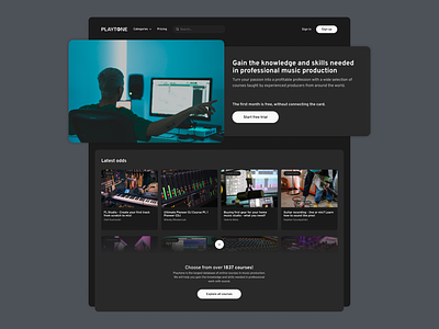 Landing page of the platform with music production courses courses platform dark ui landing page music courses music production ui videos web design