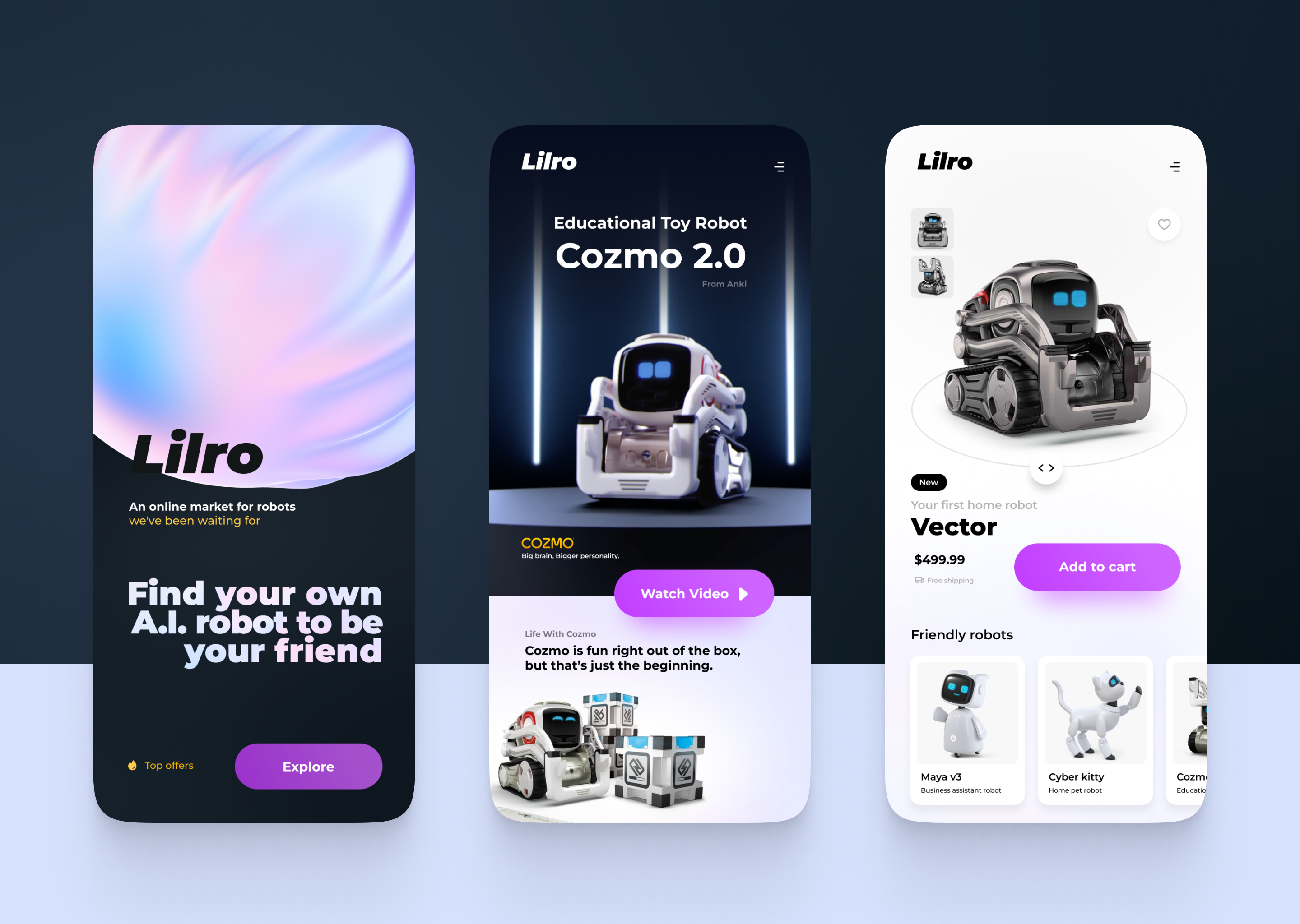 Lilro – Online Robots Marketplace ai app artificial intelligence branding cozmo graphic design interface design mobile pet robot ui website