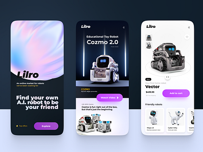 Lilro – Online Robots Marketplace ai app artificial intelligence branding cozmo graphic design interface design mobile pet robot ui website