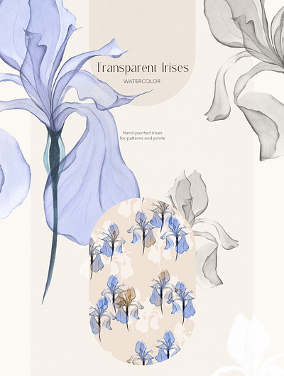 Watercolor Transparent Iris for Home decor branding design illustration pattern seamless pattern set design textile watercolor
