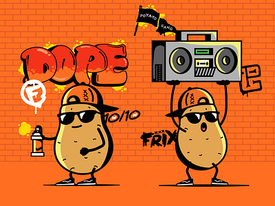 Frix Friterie - Illustrations 1010 branding character design dope graphic design hat illustration logo mascot music orange pg potato potatoes radio spray street sunglasses vector