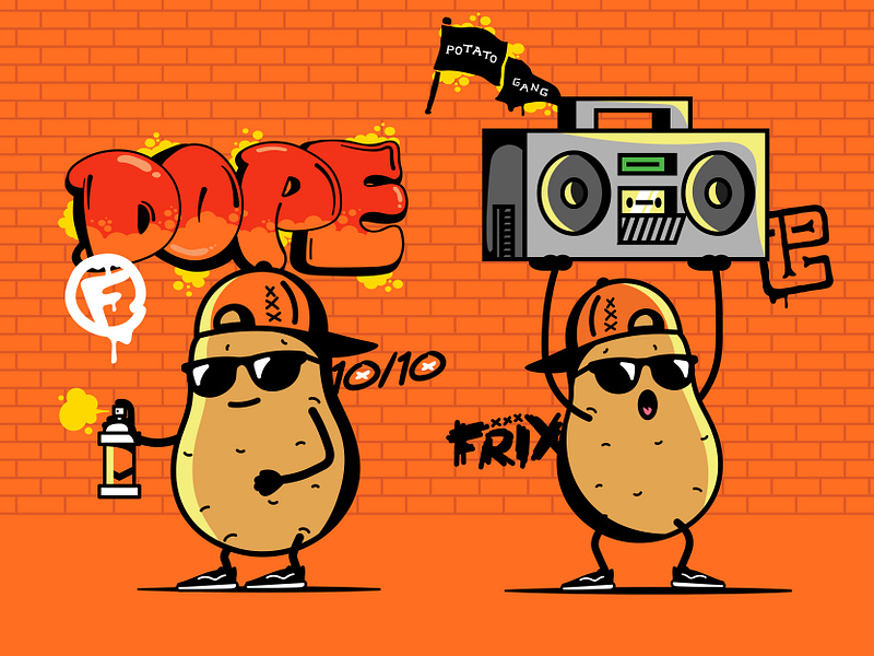Frix Friterie - Illustrations 1010 branding character design dope graphic design hat illustration logo mascot music orange pg potato potatoes radio spray street sunglasses vector