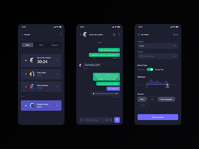 Concept app for rollerbladers app chat clean clean ui conversation dark dark theme dark ui data filter message messenger mobile sport tab tabs ui user interface ux violet