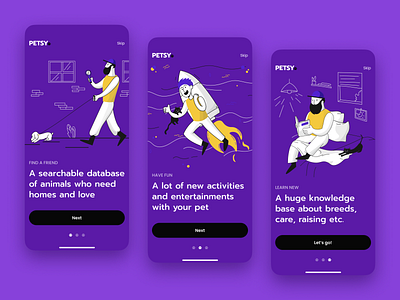 Petsy Onboarding Screen app design graphic design illustration ios iphone mobile mobile app onboarding pet pets ui violet