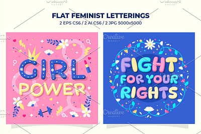 2 flat power girl vector lettering design drawing feminist illustration lettering letters woman