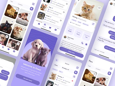 Pet Adoption App 3d animal app cat cats chat clean design dog dogs mobile pet pets purple ui ux white