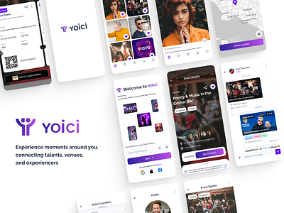 Yoici - mobile app for moments experiencers app design design system event interface light map messenger minimalism mobile mobile app moments tickets ui ux vibrant violet