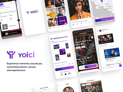 Yoici - mobile app for moments experiencers app design design system event interface light map messenger minimalism mobile mobile app moments tickets ui ux vibrant violet