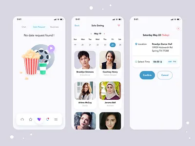 Dating App appuiux clean app design creative app design date request date time picking dating dating app dating application dating apps dating mobile app hybridapp design mobile app design modern app design popular 2023 solo dating uiroll