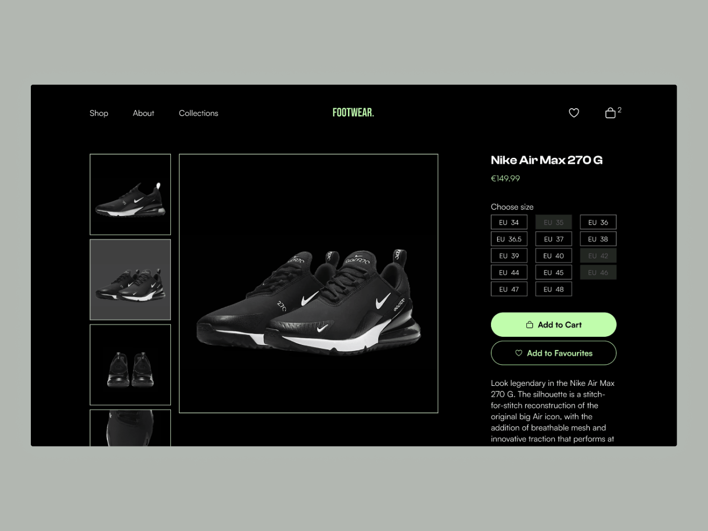 Sport Shoes Online Store Product Page Design cart design dark theme ecommerce figma animations interactions design online store product page design ui website design