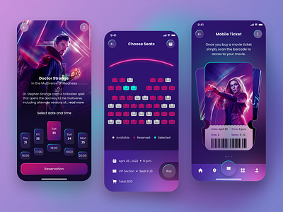 Movie Ticket Booking App app cinemabookingapp darkmode design graphic design moviebookingapp ui uidesign uiux