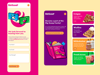 BigScoop - Mobile View book categories contact feedback food ice cream illustrations menu mobile mobiledesign pink purple responsive screens sweet ui uiux ux webdesign yellow